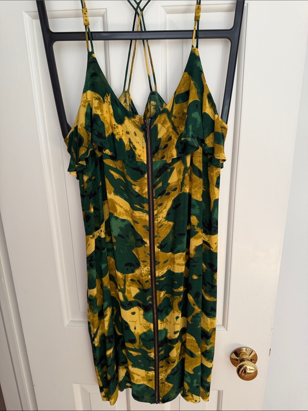 Kensie Green and Gold Printed Midi Slip Dress with Front Zip size M